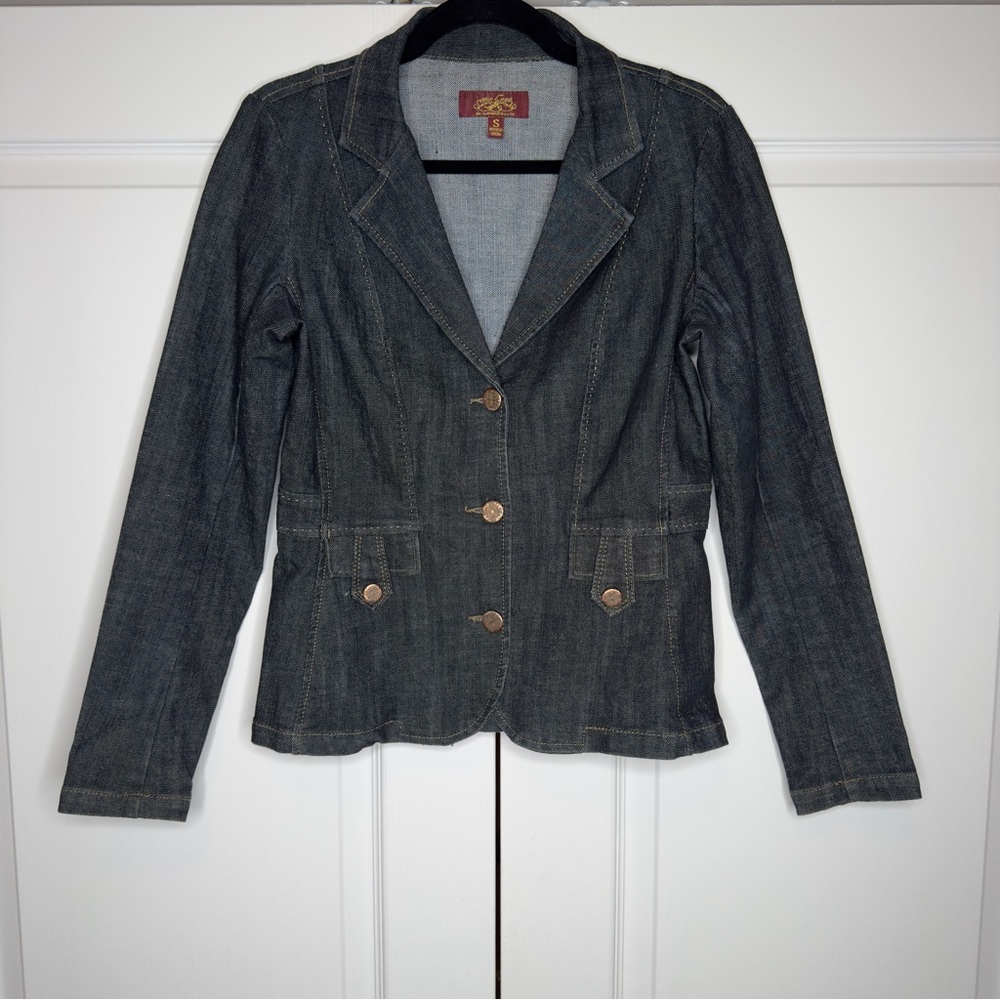 Live A Little Denim Blazer Jacket Small Tailored Fitted Dark‎ Wash Stretch